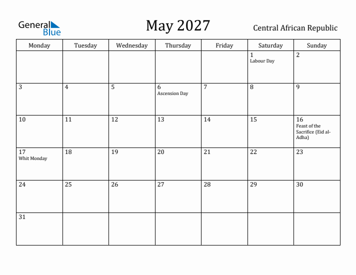 May 2027 Calendar Central African Republic