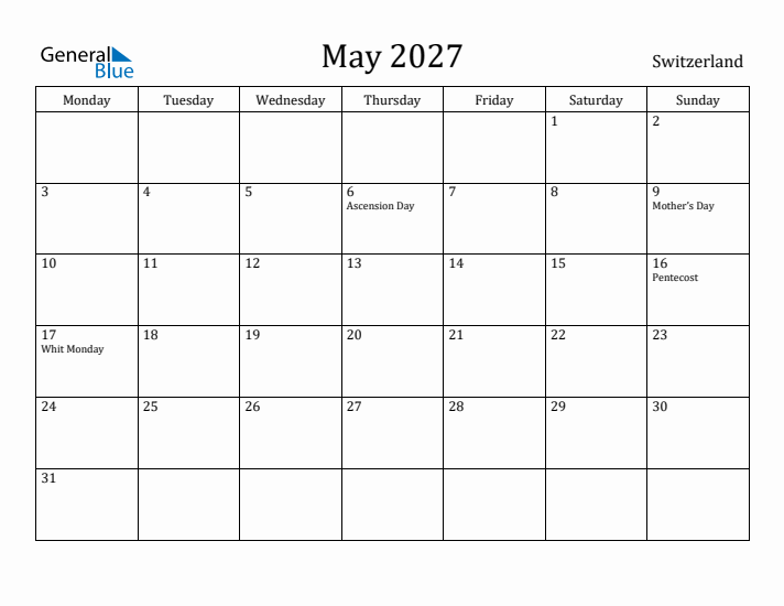 May 2027 Calendar Switzerland