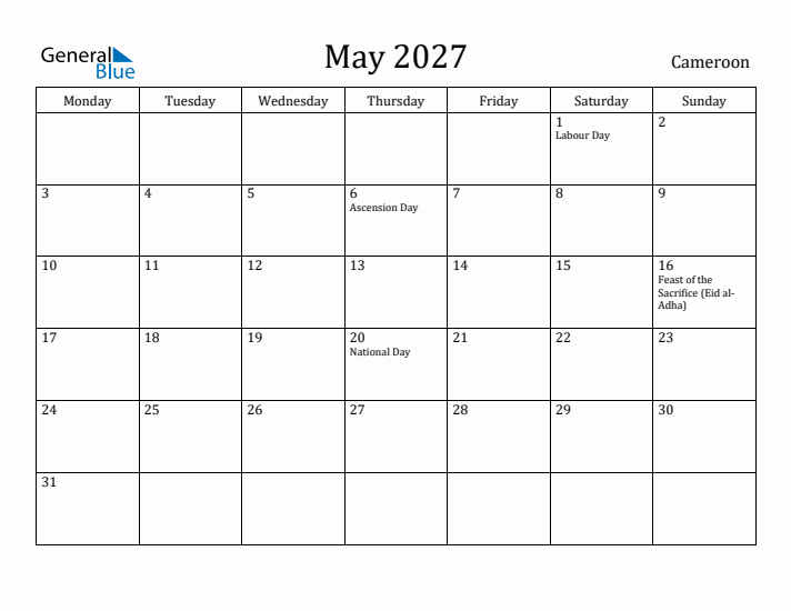 May 2027 Calendar Cameroon