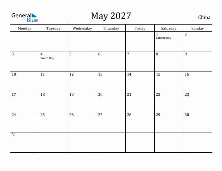 May 2027 Calendar China
