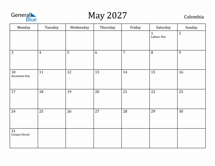 May 2027 Calendar Colombia