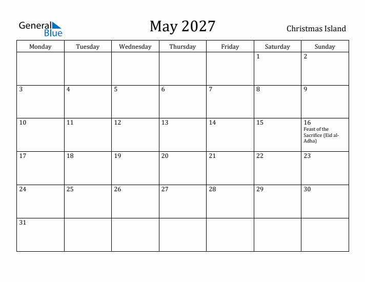 May 2027 Calendar Christmas Island