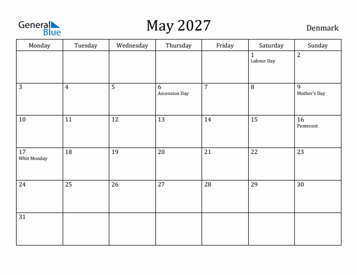 May 2027 Calendar Denmark