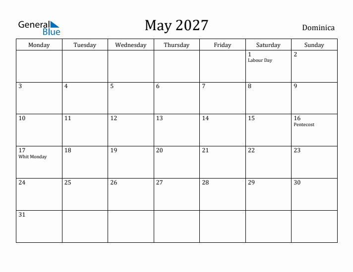 May 2027 Calendar Dominica