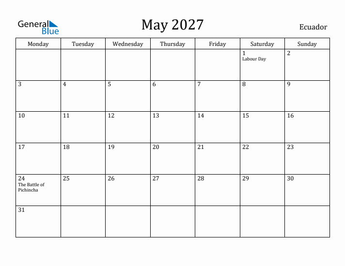 May 2027 Calendar Ecuador