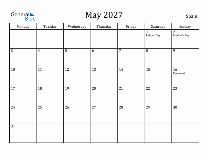 May 2027 Calendar Spain