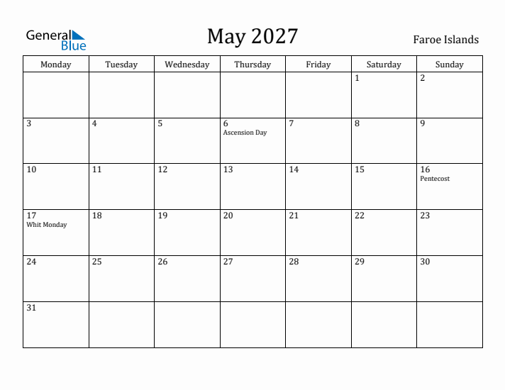 May 2027 Calendar Faroe Islands