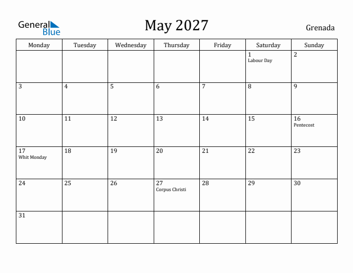 May 2027 Calendar Grenada