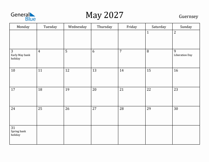 May 2027 Calendar Guernsey