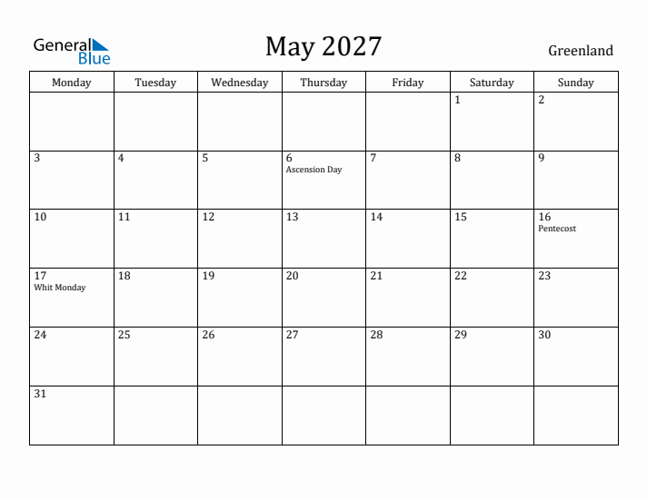May 2027 Calendar Greenland