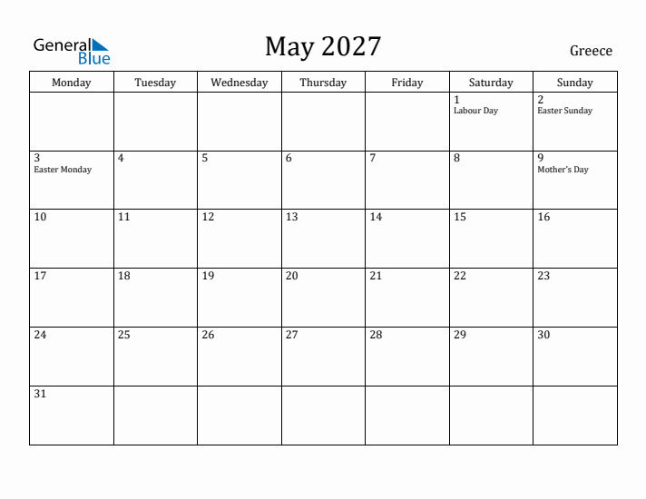 May 2027 Calendar Greece
