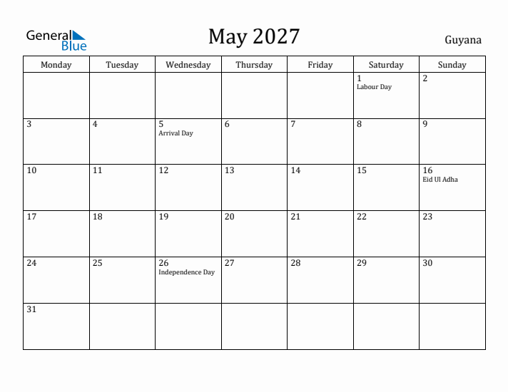May 2027 Calendar Guyana