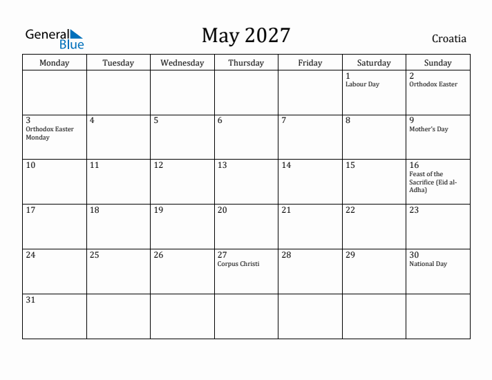 May 2027 Calendar Croatia