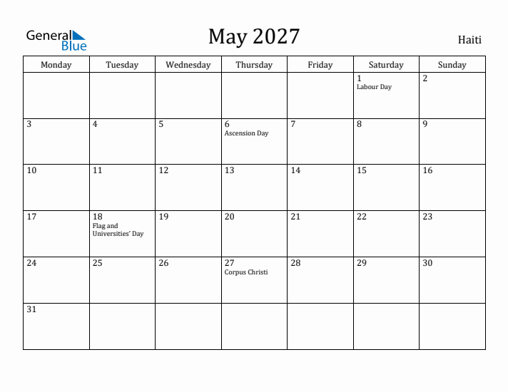 May 2027 Calendar Haiti
