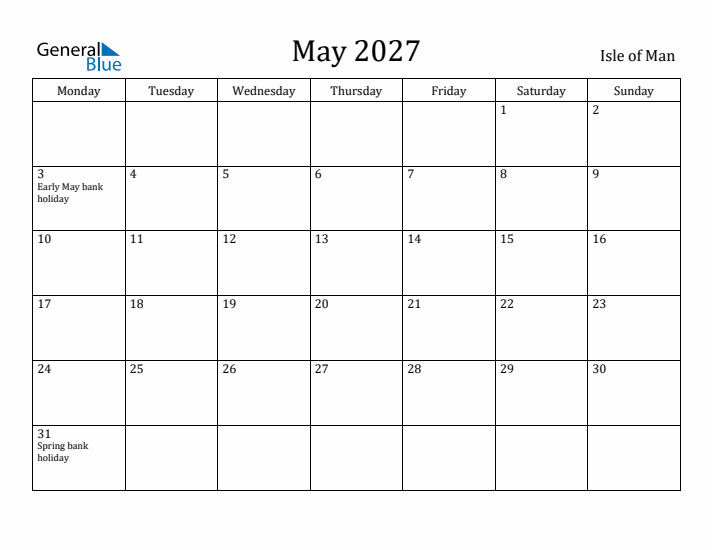 May 2027 Calendar Isle of Man