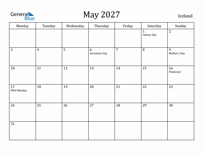 May 2027 Calendar Iceland