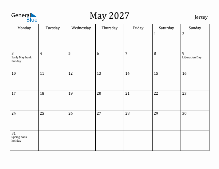 May 2027 Calendar Jersey