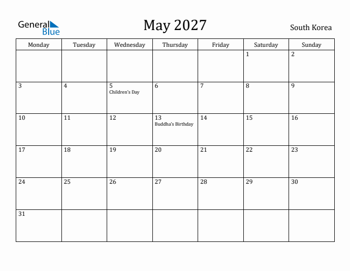 May 2027 Calendar South Korea