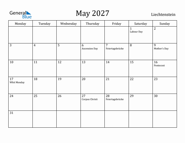 May 2027 Calendar Liechtenstein