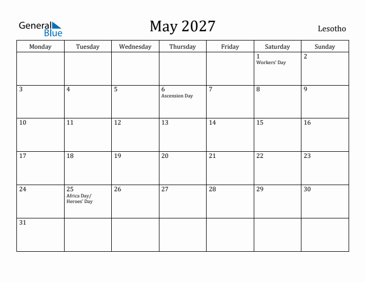 May 2027 Calendar Lesotho