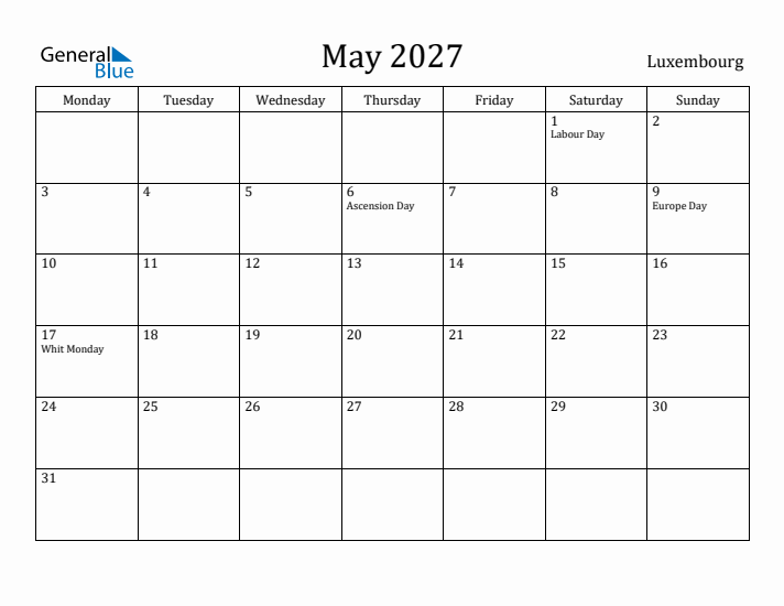 May 2027 Calendar Luxembourg
