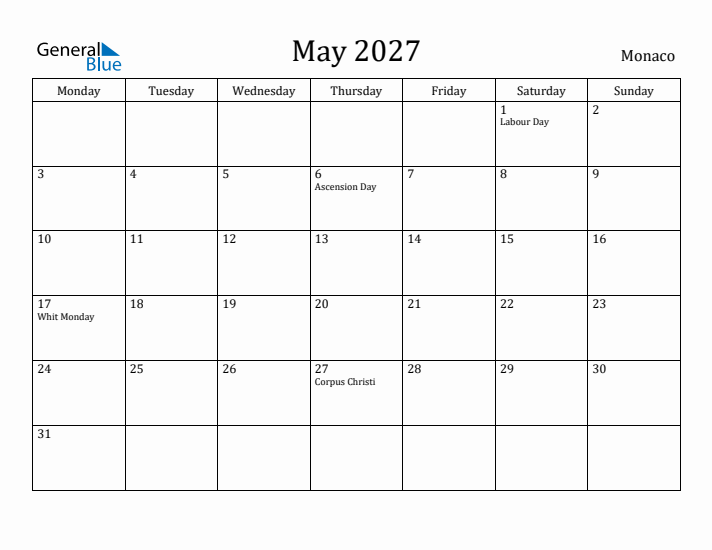 May 2027 Calendar Monaco