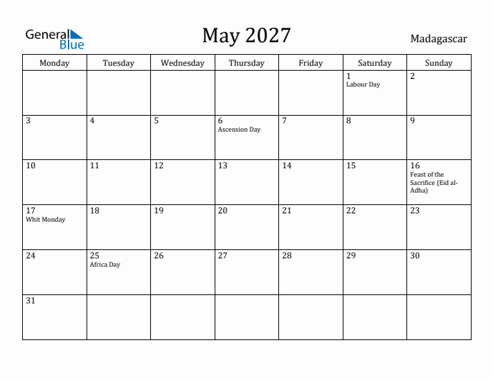 May 2027 Calendar Madagascar