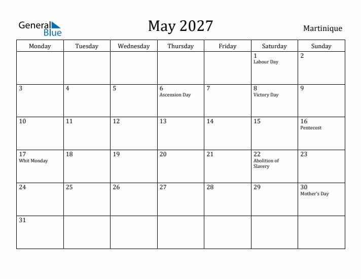 May 2027 Calendar Martinique