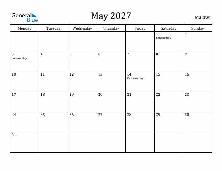 May 2027 Calendar Malawi
