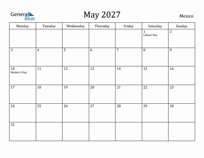 May 2027 Calendar Mexico
