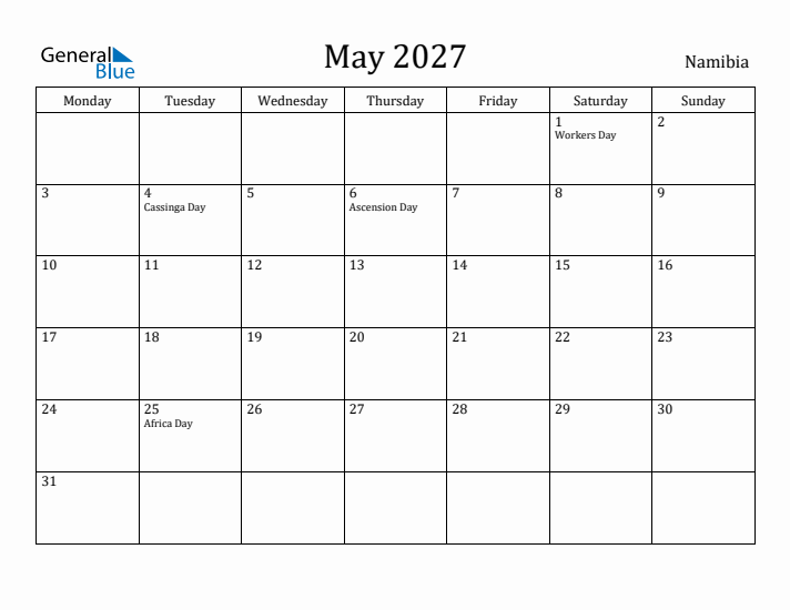 May 2027 Calendar Namibia