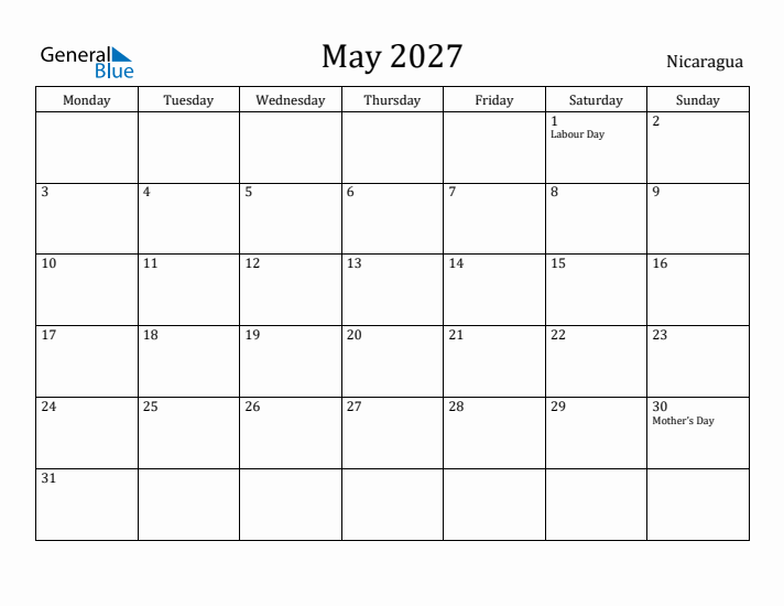 May 2027 Calendar Nicaragua