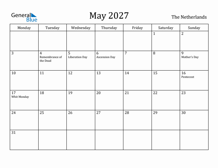May 2027 Calendar The Netherlands
