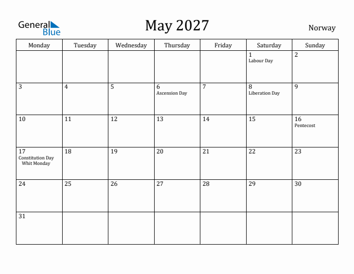 May 2027 Calendar Norway