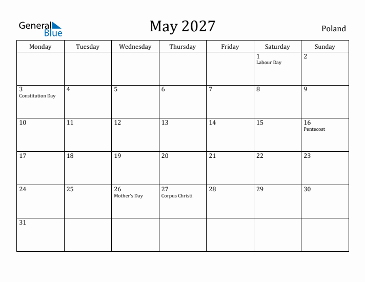 May 2027 Calendar Poland