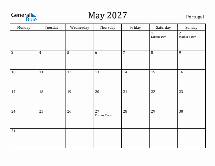 May 2027 Calendar Portugal