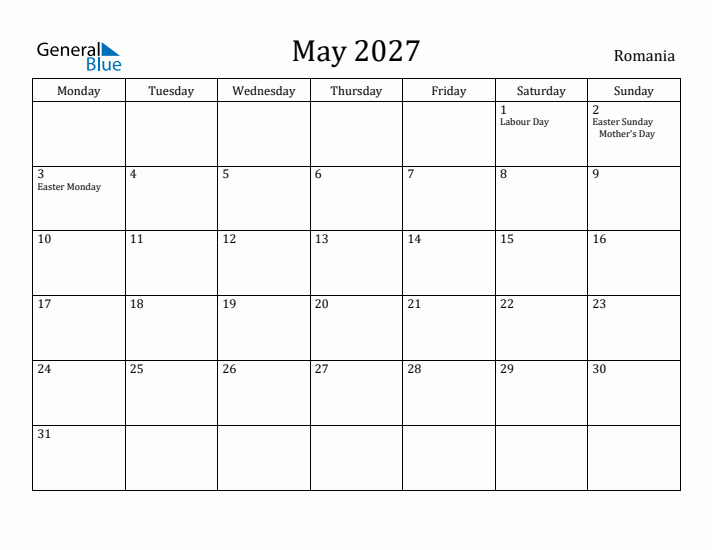 May 2027 Calendar Romania