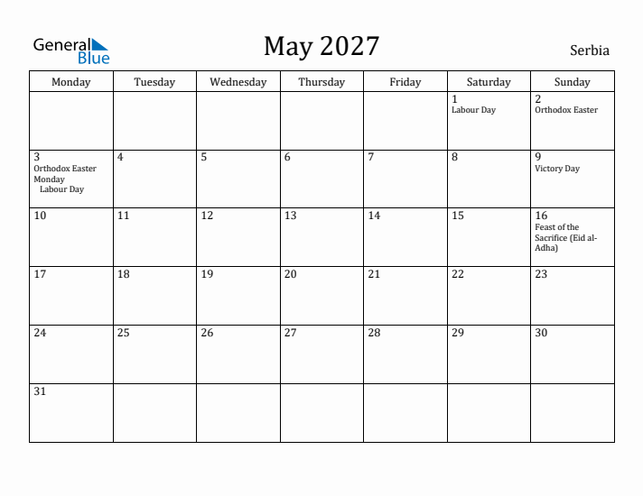 May 2027 Calendar Serbia