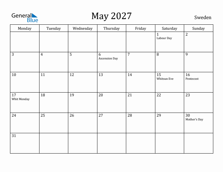 May 2027 Calendar Sweden