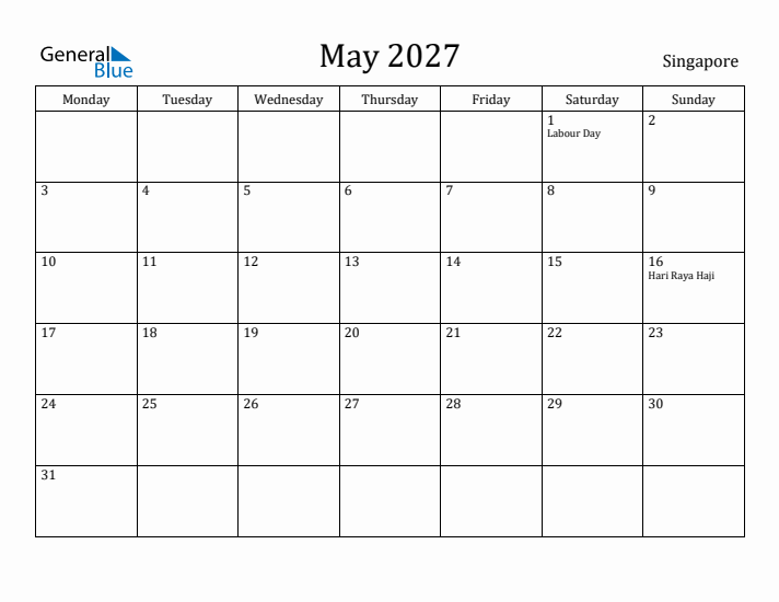 May 2027 Calendar Singapore