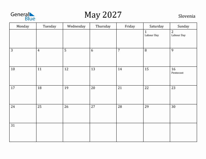 May 2027 Calendar Slovenia