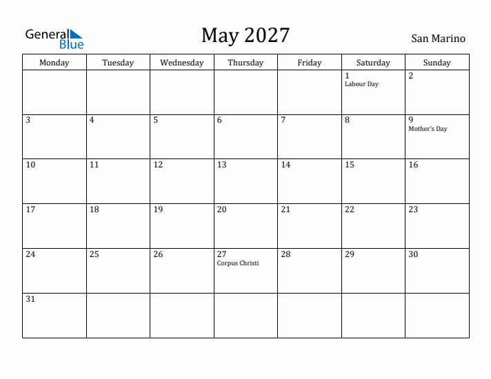 May 2027 Calendar San Marino