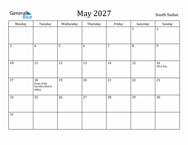 May 2027 Calendar South Sudan