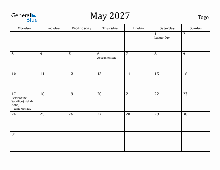 May 2027 Calendar Togo
