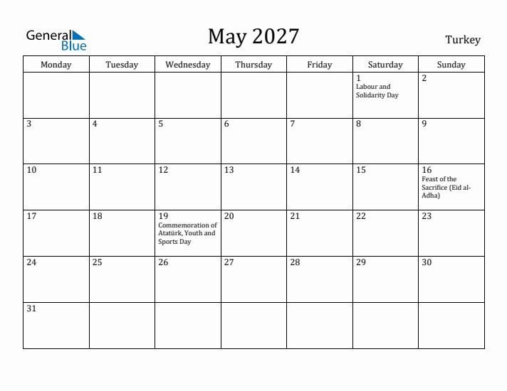 May 2027 Calendar Turkey