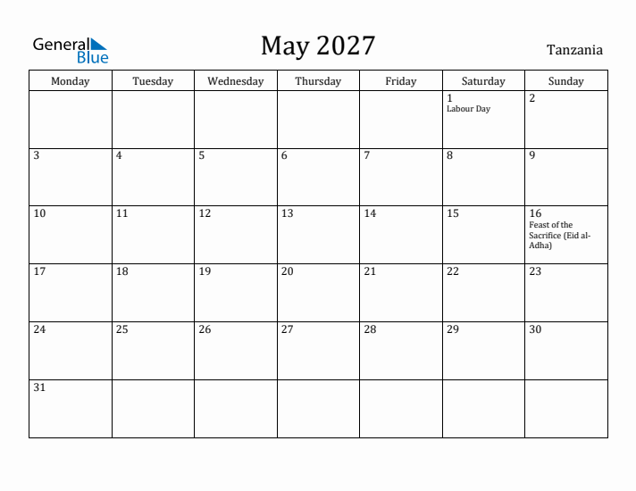 May 2027 Calendar Tanzania