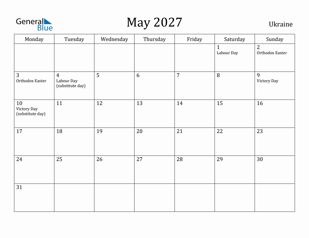 May 2027 - Ukraine Monthly Calendar with Holidays