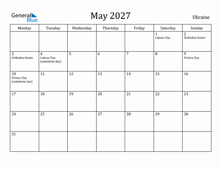 May 2027 Calendar Ukraine