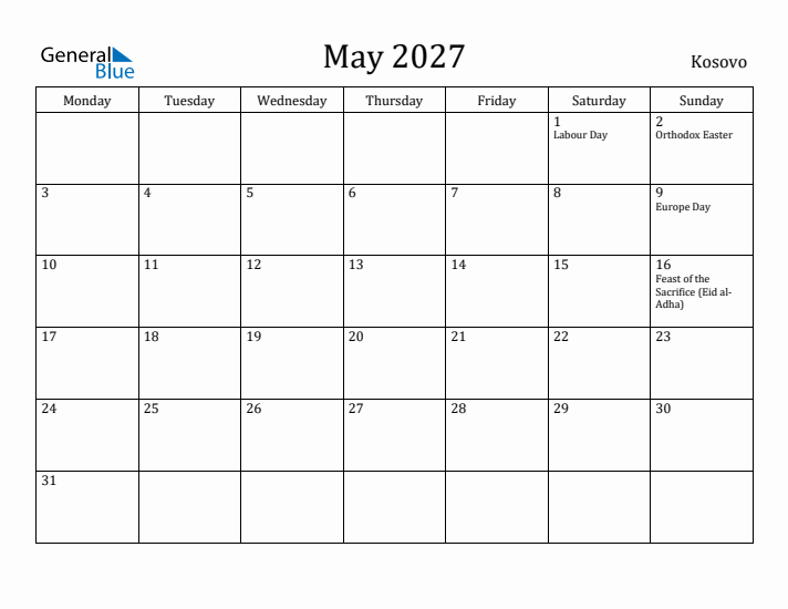 May 2027 Calendar Kosovo