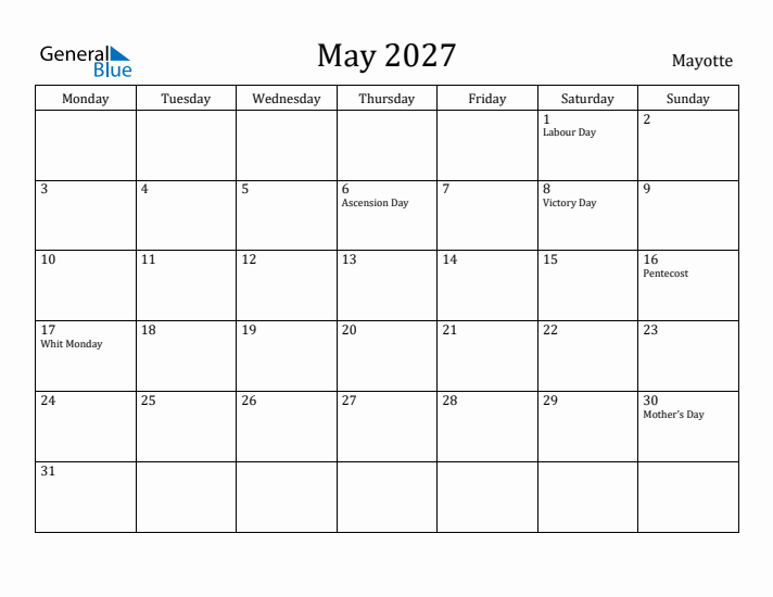 May 2027 Calendar Mayotte